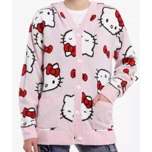 Hello Kitty Pink Hooded Cardigan Sweater for Women XL Cozy Kawaii New